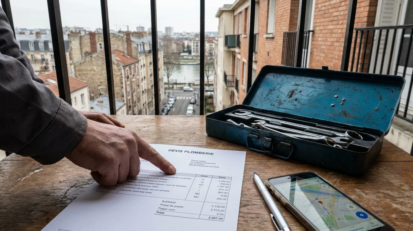 Devis de plomberie détaillé posé sur une table dans un appartement de Charenton-le-Pont