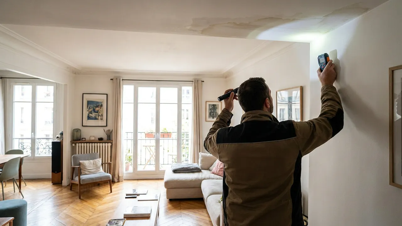 Plombier inspectant à la lampe une auréole d'humidité au plafond d'un appartement de Charenton-le-Pont