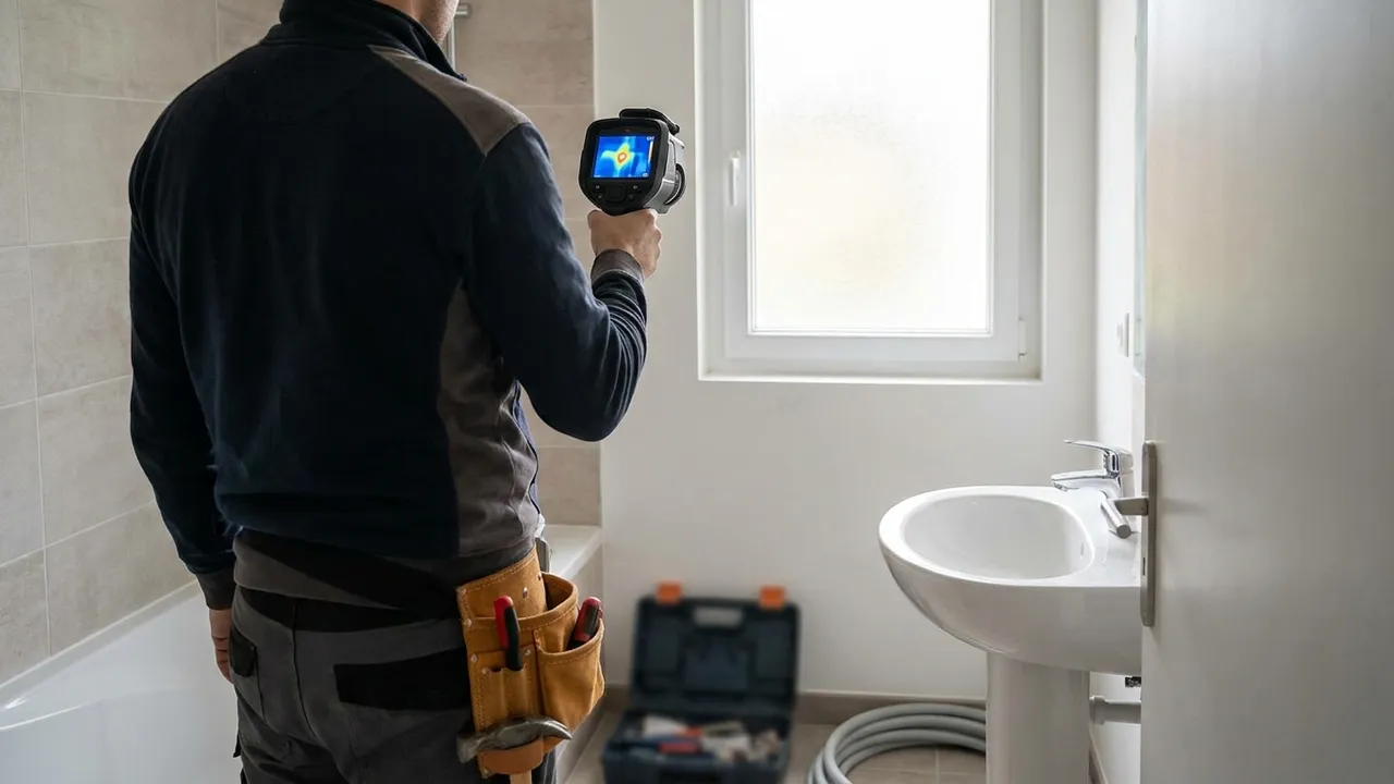 Caméra thermique pointée sur le mur d'une salle de bain pour localiser une fuite à Charenton-le-Pont