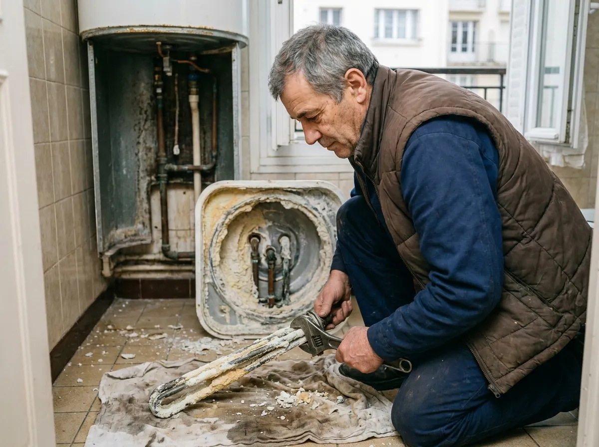 Résistance de chauffe-eau entartrée par l'eau dure du réseau SEDIF à Charenton-le-Pont
